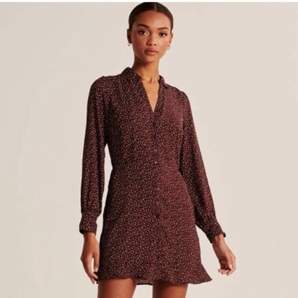 Abercrombie & Fitch Dresses & Skirts - Abercrombie & Fitch Burgundy Polka Dot Button Front Ruffle Shirt Dress Size S